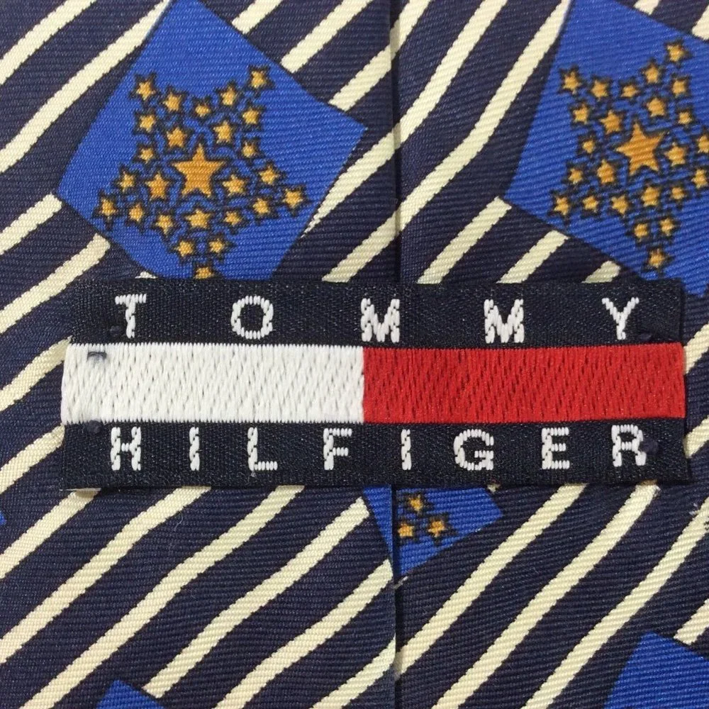 TOMMY‎ HILFIGER MENS TIE NECKTIE Italian Silk USA 4 in Blue Gold Black White